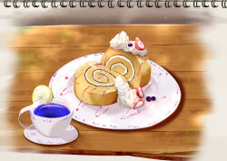 Rule 34 | blueberry, cake, cup, food, food focus, fruit, highres, lemon, lemon slice, no humans, original, pastry, pinkgumi-pon, saucer, still life, strawberry, strawberry slice, strawberry syrup, swiss roll, table, tea, teacup, whipped cream, wooden table