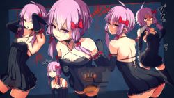 Rule 34 | 1girl, absurdres, ahoge, alternate costume, arms up, at2., bare shoulders, black dress, black thighhighs, blush, doorknob, dress, elbow gloves, gloves, hair ribbon, highres, layers of fear, leaning forward, looking at viewer, looking back, open mouth, purple eyes, purple hair, red ribbon, ribbon, scared, short dress, short hair, short hair with long locks, sleeveless, sleeveless dress, solo, sweat, thighhighs, trembling, vocaloid, voiceroid, wavy mouth, yuzuki yukari, zettai ryouiki