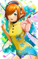 1girl bare_arms bare_shoulders blue_eyes blue_leotard breasts brown_hair commentary_request cowboy_shot fairy fairy_wings floral_print gallica_(metaphor:_refantazio) hair_over_one_eye hairband high_collar highres leotard looking_at_viewer masatoshi_1219 metaphor:_refantazio musical_note open_mouth pointy_ears print_leotard short_hair small_breasts smile solo sparkle swept_bangs two-tone_leotard wings yellow_leotard