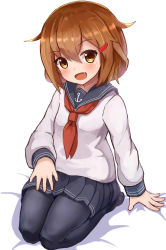 Rule 34 | 10s, 1girl, :d, anchor symbol, black pantyhose, blush, brown hair, fang, hair ornament, hairclip, highres, ikazuchi (kancolle), kantai collection, long sleeves, looking at viewer, neckerchief, okitsugu, open mouth, pantyhose, pleated skirt, red neckerchief, school uniform, seiza, serafuku, short hair, simple background, sitting, skirt, smile, solo