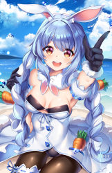 Rule 34 | 1girl, animal ear fluff, animal ears, bare shoulders, black gloves, black leotard, blue hair, blue sky, braid, breasts, buttons, carrot, carrot hair ornament, cloud, cloudy sky, commentary request, day, don-chan (usada pekora), food-themed hair ornament, fur trim, gloves, gradient hair, hair ornament, highres, hololive, leotard, leotard under clothes, lips, looking at viewer, medium breasts, multicolored hair, ocean, open mouth, outdoors, pantyhose, rabbit ears, shiny clothes, shiny skin, shore, sky, smile, solo, squchan, thick eyebrows, thigh strap, twin braids, twintails, usada pekora, usada pekora (1st costume), virtual youtuber, water, water drop, yellow eyes