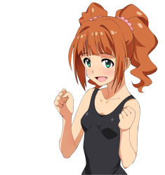 Rule 34 | 1girl, a1 (initial-g), absurdres, blush, breasts, brown hair, collarbone, green eyes, happy, highres, idolmaster, idolmaster (classic), long hair, looking at viewer, one-piece swimsuit, open mouth, portrait, simple background, small breasts, smile, solo, standing, swimsuit, takatsuki yayoi, twintails, white background