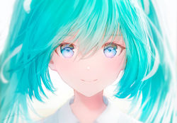 Rule 34 | 1girl, aqua hair, blue eyes, close-up, commentary, english commentary, hair between eyes, hatsune miku, highres, long hair, looking at viewer, ojay tkym, portrait, shirt, signature, simple background, smile, solo, twintails, vocaloid, white background, white shirt