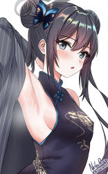 Rule 34 | 1girl, arm behind head, armpits, black coat, black dress, black hair, blue archive, blush, breasts, butterfly hair ornament, china dress, chinese clothes, coat, commentary request, double bun, dress, grey eyes, hair between eyes, hair bun, hair ornament, halo, head tilt, highres, kisaki (blue archive), long hair, long sleeves, looking at viewer, nekobox, open clothes, open coat, parted lips, presenting armpit, print dress, sideboob, sidelocks, simple background, sleeveless, small breasts, solo, twintails, white background