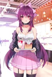 Rule 34 | 1girl, :d, ahoge, bare shoulders, black jacket, blush, breasts, cake, cleavage, closed mouth, collar, collarbone, cup, damda, dessert, drink, drinking straw, fate/grand order, fate (series), food, fruit, garter straps, hair between eyes, hair intakes, hair ribbon, holding, ice cream, indoors, jacket, large breasts, long hair, looking at viewer, nail polish, open mouth, pink nails, pink skirt, pleated skirt, ponytail, purple hair, purple ribbon, red eyes, ribbon, scathach (fate), shirt, skindentation, skirt, smile, solo, standing, strawberry, thighhighs, thighs, tray, white shirt