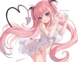 Rule 34 | 1girl, blue eyes, blush, commentary, demon tail, elbow gloves, english text, gloves, head wings, heart, heart-shaped pupils, heart hands, heart tail, highres, kedama milk, leaning forward, lingerie, long hair, open mouth, original, panties, pink hair, pointy ears, sakyumama (kedama milk), sidelocks, simple background, smile, solo, standing, symbol-shaped pupils, tail, twintails, twitter username, underwear, very long hair, white background, white gloves, white negligee, white panties, wings