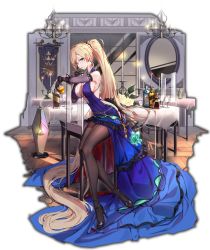 Rule 34 | 1girl, absurdly long hair, alcohol, ark order, backless dress, backless outfit, banner, bare shoulders, black footwear, black gloves, black pantyhose, blonde hair, blue dress, blue eyes, blush, bottle, bracelet, breasts, candle, candlestand, chair, chandelier, character request, cleavage, commentary request, covered navel, cup, dress, elbow gloves, finger to cheek, flower, frilled dress, frills, full body, gloves, halter dress, halterneck, high heels, high ponytail, highres, holding, holding cup, indoors, jewelry, lamp, large breasts, layered dress, long hair, looking at viewer, mirror, official art, pantyhose, parted lips, shirt, shoes, sitting, sleeveless, sleeveless shirt, smile, solo, stiletto heels, swept bangs, table, tablecloth, very long hair, whiskey, white flower, wooden floor, you ni ge shaobing