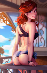Rule 34 | 1girl, ass, bare shoulders, bikini, body freckles, bracelet, breasts, butt crack, carolynne d&#039;azur, character request, cloud, curly hair, freckles, highres, jewelry, long hair, looking at viewer, looking back, md5 mismatch, original, purple eyes, raichiyo33, red hair, resized, sarong, see-through, sky, smile, solo, swimsuit, thighs, thong, thong bikini