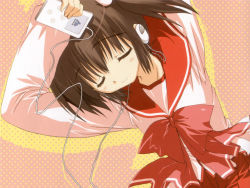 Rule 34 | 00s, 1girl, amazuyu tatsuki, arms up, black hair, bow, breasts, cable, closed eyes, closed mouth, company name, cowboy shot, digital media player, dutch angle, hair between eyes, headphones, holding, ipod, light smile, listening to music, logo, long sleeves, non-web source, official art, official wallpaper, pink background, pleated skirt, polka dot, polka dot background, red bow, red skirt, school uniform, serafuku, shadow, shirt, short twintails, skirt, small breasts, smile, solo, to heart (series), to heart 2, twintails, wallpaper, white shirt, yuzuhara konomi