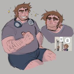 Rule 34 | 1boy, absurdres, arm hair, bara, beard stubble, belly, brown hair, bulge, chest hair, cropped legs, facial hair, fat, fat man, grin, hairy, happy, headphones, headphones around neck, highres, huge eyebrows, jaime (grizzgotmilk), leg hair, long sideburns, male focus, mature male, multiple views, mustache stubble, pointing, pointing at self, reference inset, scott pilgrim (series), shirt, short hair, shorts, sideburns, sitting, smile, solid oval eyes, sparkle, stephen stills, stubble, t-shirt, thighs