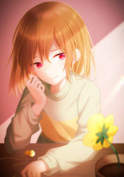 Rule 34 | 1other, absurdres, brown hair, chara (undertale), closed mouth, commentary request, flower, green sweater, hair between eyes, hand on own face, hand up, heart, heart necklace, highres, indoors, jewelry, long sleeves, looking to the side, necklace, plant, potted plant, puffy long sleeves, puffy sleeves, red eyes, shadow, short hair, single stripe, smile, striped clothes, striped sweater, sunlight, sweater, table, undertale, wall, yellow flower, yuupontan.