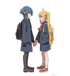 Rule 34 | 2girls, ahoge, arm at side, backpack, bag, black pantyhose, black sweater, blonde hair, blue hair, blue jacket, blush, bocchi the rock!, bow, bowtie, brown footwear, collared shirt, detached ahoge, full body, hair ornament, hairclip, hand in pocket, holding hands, ijichi nijika, jacket, loafers, long hair, looking at another, multiple girls, open clothes, open jacket, pantyhose, ponytail, red footwear, ree (re-19), shirt, shoes, short hair, sidelocks, simple background, sleeves past fingers, sleeves past wrists, sneakers, socks, standing, sweater, twitter username, white background, white socks, yamada ryo, yuri