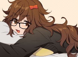 Rule 34 | 1girl, :d, bed sheet, black-framed eyewear, black jacket, bow, breasts, brown background, brown eyes, brown hair, fate/extra, fate (series), glasses, hair between eyes, hair bow, jacket, jinako carigiri, karokuchitose, large breasts, long hair, looking at viewer, lying, on stomach, open mouth, pillow, polka dot, polka dot background, red bow, shirt, smile, solo, thick eyebrows, upper body, v-shaped eyebrows, very long hair, yellow shirt