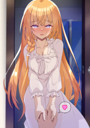 Rule 34 | 1boy, 1girl, blonde hair, blue eyes, blush, breasts, cleavage, collarbone, hair between eyes, half-closed eyes, heart, holding hands, indoors, iseshi, large breasts, lingerie, long sleeves, negligee, night, nose blush, open door, out of frame, parted lips, pecorine (princess connect!), princess connect!, puffy long sleeves, puffy sleeves, solo focus, spoken heart, underwear, window
