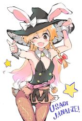 Rule 34 | 1girl, ;d, adapted costume, animal ears, belt, blonde hair, bow, braid, brown eyes, rabbit ears, rabbit tail, cuffs, ears through headwear, fishnets, hat, kirisame marisa, long hair, one eye closed, open mouth, pantyhose, playboy bunny, puuakachan, romaji text, side braid, smile, solo, tail, thigh gap, touhou, witch hat, wrist cuffs