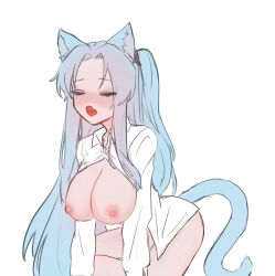 Rule 34 | 1girl, angela (project moon), animal ears, blue hair, blush, breasts, cat ears, cat tail, closed eyes, fang, highres, large breasts, lobotomy corporation, long hair, moth ram, nipples, one side up, open clothes, open mouth, open shirt, parted bangs, project moon, sidelocks, simple background, skin fang, solo, tail, very long hair, white background