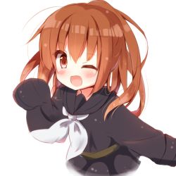 Rule 34 | 10s, 1girl, ;d, blush, brown eyes, brown hair, fumizuki (kancolle), kantai collection, long hair, looking at viewer, neckerchief, one eye closed, open mouth, ropu, school uniform, serafuku, simple background, sleeves past wrists, smile, solo, upper body, white background, white neckerchief