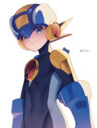 Rule 34 | 1boy, absurdres, blue bodysuit, blue headwear, blurry, bodysuit, brown hair, closed mouth, commentary, covered navel, cowboy shot, depth of field, green eyes, helmet, highres, looking at viewer, male focus, mega man (series), mega man battle network (series), megaman.exe, short hair, simple background, smile, solo, spiked hair, standing, twitter username, white background, zero-go