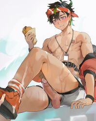 Rule 34 | 1boy, abs, ahoge, arknights, bare pectorals, belt, black hair, blush, bryophyta (arknights), clothing aside, cum, cumdrip, dyed ahoge, erection, food, hair over eyes, headband, highres, holding, holding food, holding sandwich, id card, itsme takk, jacket, jacket partially removed, looking ahead, male focus, pectorals, penis, pink hair, short hair, shorts, shorts aside, solo focus, toned, toned male, uncensored