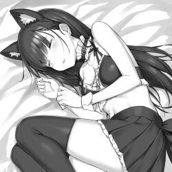 1girl animal_ears belt_collar blush breasts cat_ears closed_eyes collar commentary_request earrings fake_animal_ears frilled_collar frills greyscale highres irido_yume jewelry long_hair lying mamahaha_no_tsurego_ga_moto_kano_datta medium_breasts miniskirt monochrome novel_illustration official_art on_side parted_lips pleated_skirt skirt sleeping solo stud_earrings thighhighs wrist_cuffs