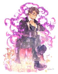 Rule 34 | 1boy, blush, book, boots, coin, commentary request, crossed legs, fire, formal, full body, glasses, green pants, grin, holding, holding book, jacket, licht (housamo), male focus, ono (ohno ha), pants, ponytail, purple fire, semi-rimless eyewear, short hair, sitting, smile, solo, suit, tokyo houkago summoners, twitter username, white background