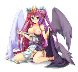Rule 34 | 1girl, aqua eyes, asymmetrical wings, blue eyes, blush, breasts, breasts out, chain, chaos venus (p&amp;d), cross-laced footwear, female focus, headdress, heart, highres, jewelry, kneeling, kurokage, kurokagemb, licking lips, long hair, looking at viewer, lots of jewelry, mouth hold, multicolored hair, nipples, no panties, off shoulder, pink hair, purple hair, puzzle &amp; dragons, red hair, sitting, smile, solo, tiara, tongue, tongue out, venus (p&amp;d), wings