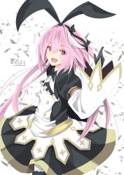 Rule 34 | 1boy, araishi maro, astolfo (fate), astolfo (saber) (fate), astolfo (saber) (third ascension) (fate), bad id, bad pixiv id, black gloves, crossdressing, fate/grand order, fate (series), gloves, hair intakes, highres, leggings, long hair, looking at viewer, male focus, multicolored hair, open mouth, pink hair, ponytail, purple eyes, skirt, solo, trap, white hair