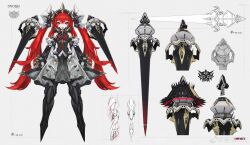 Rule 34 | 1girl, arms at sides, bare shoulders, bright pupils, character sheet, cross scar, detached sleeves, donxxxs, dress, full body, grey background, highres, lance, long hair, original, pale skin, polearm, red eyes, red hair, scar, scar on face, scar on nose, sharp teeth, teeth, twintails, very long hair, weapon, white pupils
