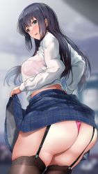 Rule 34 | 1girl, ass, black hair, black thighhighs, blue eyes, blue skirt, bra, bra visible through clothes, bralines, classroom, clothes lift, commentary request, garter straps, highres, long hair, looking at viewer, looking to the side, nonohachi, open mouth, original, panties, pink bra, pink panties, plaid, plaid skirt, shirt, sidelocks, skirt, skirt lift, solo, standing, thighhighs, thighs, thong, underwear, uniform, white shirt