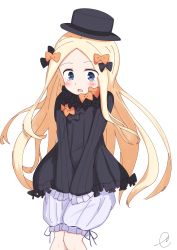 Rule 34 | 1girl, abigail williams (fate), black bow, black dress, black hat, blonde hair, bloomers, blue eyes, blush, bow, bug, butterfly, commentary request, dress, fate/grand order, fate (series), forehead, hair bow, hat, highres, insect, kujou karasuma, long hair, long sleeves, open mouth, orange bow, parted bangs, polka dot, polka dot bow, signature, simple background, sleeves past fingers, sleeves past wrists, solo, underwear, very long hair, white background, white bloomers