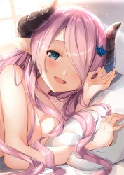 Rule 34 | 1girl, :d, blue eyes, blush, breasts, collarbone, commentary request, convenient arm, granblue fantasy, hair ornament, hair over one eye, hand up, horns, light particles, light rays, long hair, looking at viewer, lying, medium breasts, narmaya (granblue fantasy), nude, ok sign, on stomach, open mouth, pillow, pink hair, pointy ears, shiero., shiny skin, smile, solo, swept bangs, window