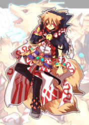 Rule 34 | 1boy, animal ears, bangle, black pants, black sclera, blonde hair, bracelet, closed mouth, colored sclera, commentary request, detached sleeves, emon-yu, fox boy, fox ears, fox tail, full body, fur collar, hair between eyes, hair tubes, jewelry, leg up, looking at viewer, mismatched sclera, pants, ragnarok online, red eyes, shirt, short hair, solo, sorcerer (ragnarok online), tail, white shirt, white sleeves