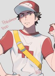 Rule 34 | 1boy, backpack, bad id, bad twitter id, bag, baseball cap, brown eyes, character name, creatures (company), game freak, grey background, hand on own hip, hat, holding, holding poke ball, kiri futoshi, looking at viewer, male focus, nintendo, poke ball, pokemon, pokemon sm, raglan sleeves, red (pokemon), red (pokemon sm), shirt, signature, simple background, solo, t-shirt, upper body