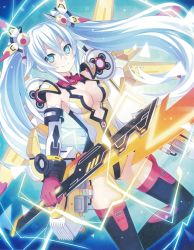 Rule 34 | 10s, 1girl, aqua eyes, black heart (neptunia), blue eyes, breasts, center opening, chou megami shinkou noire gekishin black heart, cleavage, cleavage cutout, clothing cutout, covered navel, elbow gloves, electricity, gloves, hair between eyes, halterneck, headgear, holding, holding weapon, huge weapon, leotard, lightning bolt symbol, long hair, looking at viewer, mechanical wings, neptune (series), noire (neptunia), power symbol, power symbol-shaped pupils, skin tight, smile, solo, source request, sword, symbol-shaped pupils, thighhighs, tsunako, twintails, very long hair, weapon, white hair, wings