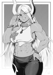Rule 34 | 1girl, ;d, abs, absurdres, animal ears, bare arms, bare shoulders, black pants, boku no hero academia, bracelet, breasts, collar, crop top, dark-skinned female, dark skin, greyscale, hair between eyes, hand on own hip, hand up, highres, jewelry, large breasts, long eyelashes, long hair, looking at viewer, metal collar, midriff, mirko, monochrome, muscular, muscular female, navel, obliques, one eye closed, open mouth, pants, parted bangs, pendant, rabbit ears, rabbit girl, shirt, signature, sleeveless, sleeveless shirt, smile, solo, speedl00ver, stomach, very long hair, white hair