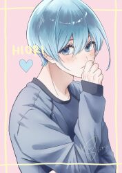 Rule 34 | 1boy, blue eyes, blue hair, blue lock, blue shirt, character name, closed mouth, hand up, highres, long sleeves, looking at viewer, male focus, pink background, shirt, short hair, sleeves past wrists, solo, upper body, user cdug5424, you hiori