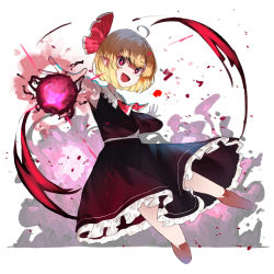 Rule 34 | 1girl, 38 (sanjuuhachi), absurdres, ahoge, black skirt, black vest, blonde hair, bow, commentary, cropped legs, fang, feet out of frame, hair bow, highres, long sleeves, magic, open mouth, outstretched arms, petticoat, pointy ears, red bow, red eyes, rumia, short hair, skirt, smile, solo, touhou, vest, white background