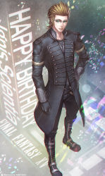 Rule 34 | 10s, 1boy, aimio nagi, alternate costume, boots, brown hair, character name, copyright name, final fantasy, final fantasy xv, full body, glasses, gloves, hand on own hip, happy birthday, highres, ignis scientia, male focus, smile, solo
