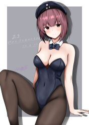 Rule 34 | 1girl, abataa, absurdres, alternate breast size, bare shoulders, beret, black bow, black bowtie, black leotard, black pantyhose, blue eyes, blush, bow, bowtie, breasts, brown eyes, brown hair, character name, cleavage, clothes writing, covered navel, dated, detached collar, grey background, hat, highres, kantai collection, leotard, looking at viewer, medium breasts, pantyhose, peaked cap, sailor hat, short hair, sitting, solo, strapless, strapless leotard, white background, wrist cuffs, z3 max schultz (kancolle)