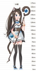 Rule 34 | 1girl, absurdres, aina (mao lian), animal ear fluff, animal ears, belt, black thighhighs, blue belt, blue bow, blue bowtie, blue eyes, blue footwear, blush, bow, bowtie, breasts, brown hair, brown sash, cat ears, cat tail, character age, cleavage, commentary, dress, hair bow, height chart, highres, holding, holding staff, long hair, mana potion, mao lian (nekokao), medium breasts, open mouth, original, pigeon-toed, pleated dress, ponytail, sash, shoes, smile, solo, staff, tail, thighhighs, translated, vial, white bow, white dress