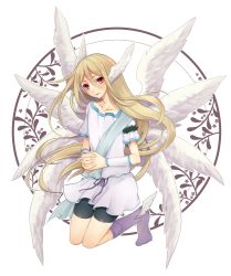 Rule 34 | 1boy, afuro terumi, angel wings, bike shorts, blonde hair, collarbone, hinaame, inazuma eleven, inazuma eleven (series), kneeling, long hair, looking at viewer, male focus, multiple wings, no shoes, red eyes, seraph, socks, solo, very long hair, white background, wings, zeus (inazuma eleven)