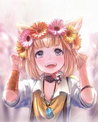 Rule 34 | 1girl, animal ears, blonde hair, blush, cat ears, child, collarbone, fangs, final fantasy, final fantasy xiv, grey eyes, head wreath, highres, jewelry, khloe aliapoh, looking at viewer, miqo&#039;te, necklace, open mouth, potion lilac, short hair, short sleeves, signature, smile, solo, teeth