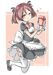 Rule 34 | 10s, 1girl, bad id, bad twitter id, black footwear, blush, bow, bowtie, closed mouth, cropped legs, ebifurya, frills, full body, gift, gloves, hair ribbon, heart, highres, holding, holding gift, inactive account, kantai collection, looking at viewer, maid, multicolored background, one eye closed, pink eyes, pink hair, puffy short sleeves, puffy sleeves, red bow, red bowtie, ribbon, sazanami (kancolle), shoes, short sleeves, smile, solo, thighhighs, twintails, twitter username, two-tone background, white gloves, white thighhighs, wrist cuffs, zettai ryouiki