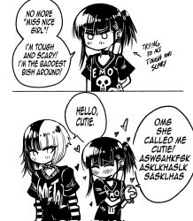 Rule 34 | 2girls, 2koma, arrow (symbol), blush, bracelet, choker, clothes writing, comic, commentary, corrupted twitter file, earrings, emo-girl (grs-), emo fashion, english commentary, english text, gibberish text, greyscale, grs-, heart, highres, jewelry, medium hair, metal-girl (grs-), monochrome, multiple girls, no mouth, original, print shirt, shirt, short ponytail, short sleeves, side ponytail, simple background, speech bubble, spiked bracelet, spikes, t-shirt, white background, yuri