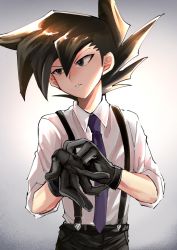 Rule 34 | 1boy, adjusting clothes, adjusting gloves, black eyes, black gloves, black hair, black pants, collared shirt, dress shirt, gloves, grey background, hair between eyes, long hair, male focus, manjoume jun, necktie, pants, parted lips, purple necktie, shirt, sk816, sleeves rolled up, solo, spiked hair, suspenders, white shirt, wing collar, yu-gi-oh!, yu-gi-oh! gx