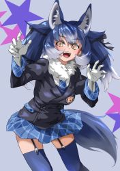 Rule 34 | 1girl, :d, absurdres, animal ear fluff, animal ears, black jacket, black ribbon, blue hair, blue lips, blue thighhighs, dire wolf (kemono friends), extra ears, fur collar, garter straps, gloves, gradient hair, grey background, hair between eyes, hair ribbon, highres, jacket, japari symbol, juliet sleeves, kemono friends, long hair, long sleeves, looking at viewer, multicolored hair, open mouth, plaid trim, pleated skirt, puffy sleeves, ribbon, simple background, skirt, smile, solo, star (symbol), tail, tanabe (fueisei), teeth, thighhighs, twintails, upper teeth only, white gloves, white hair, wolf ears, wolf girl, wolf tail, yellow eyes, zettai ryouiki