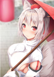 Rule 34 | 1girl, animal ear fluff, animal ears, bare shoulders, blurry, blurry background, blush, breasts, commentary request, detached sleeves, hair intakes, hat, highres, holding, holding umbrella, inubashiri momiji, large breasts, long sleeves, looking at viewer, oil-paper umbrella, pom pom (clothes), red eyes, red umbrella, shirt, short hair, silver hair, solo, tail, tatsumiya kagari, tokin hat, touhou, umbrella, upper body, white shirt, wolf ears, wolf tail