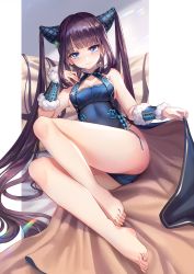 Rule 34 | 1girl, bare shoulders, black dress, blue eyes, blunt bangs, blush, breasts, china dress, chinese clothes, cleavage, detached sleeves, dress, fate/grand order, fate (series), hair ornament, highres, lalazyt, large breasts, leaf hair ornament, long hair, looking at viewer, purple hair, sidelocks, sitting, solo, thighs, toes, twintails, very long hair, yang guifei (fate), yang guifei (second ascension) (fate)