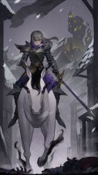Rule 34 | 1girl, armor, armored boots, asymmetrical clothes, boots, breastplate, castle, commentary, commission, corpse, english commentary, gauntlets, grey hair, highres, holding, holding sword, holding weapon, horse, horseback riding, mole, mole under eye, original, pink eyes, plate armor, riding, sabaton, scarf, shoulder armor, signature, snowing, sword, tostantan, weapon, wind, wind lift