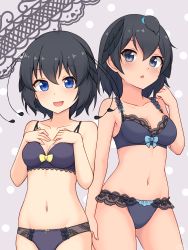 Rule 34 | 2girls, :o, absurdres, antennae, black bra, black eyes, black hair, black panties, blue eyes, bow, bow bra, bow panties, bra, breasts, cleavage, commentary, cowboy shot, grey background, hand in own hair, hands on own chest, highres, kemono friends, lace, lace-trimmed bra, lace-trimmed panties, lace trim, lingerie, looking at viewer, medium hair, multiple girls, navel, open mouth, panties, polka dot, polka dot background, shiraha maru, short hair, side-by-side, small breasts, smile, standing, superb bird-of-paradise (kemono friends), underwear, underwear only, western parotia (kemono friends)